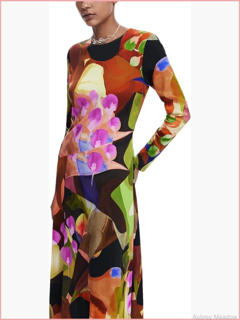 Long Sleeve A-Line Midi Dress Round Neck Button Closure